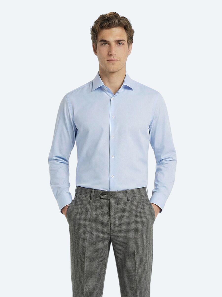 Light Blue Plain Slim Fit Weaving Classical Cotton Blended Shirt - 3