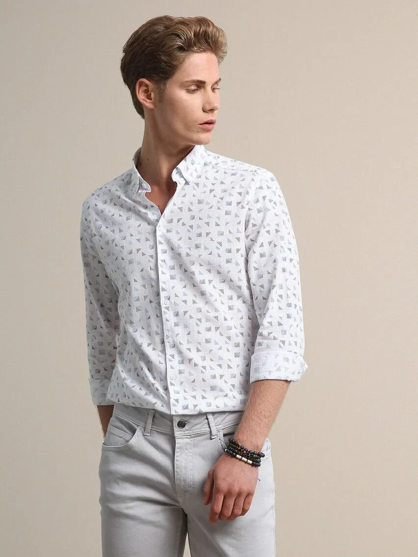 Light Blue Printed Regular Fit Weaving Casual 100% Cotton Shirt - 4