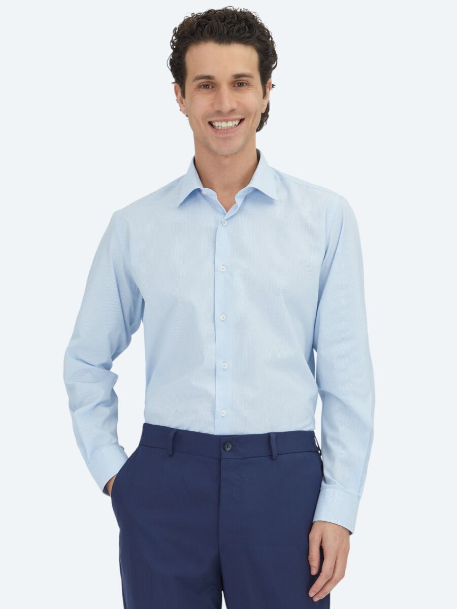 Light Blue Regular Fit Long Weaving Classical Cotton Blended Shirt - 1