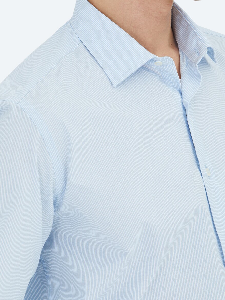 Light Blue Regular Fit Long Weaving Classical Cotton Blended Shirt - 4