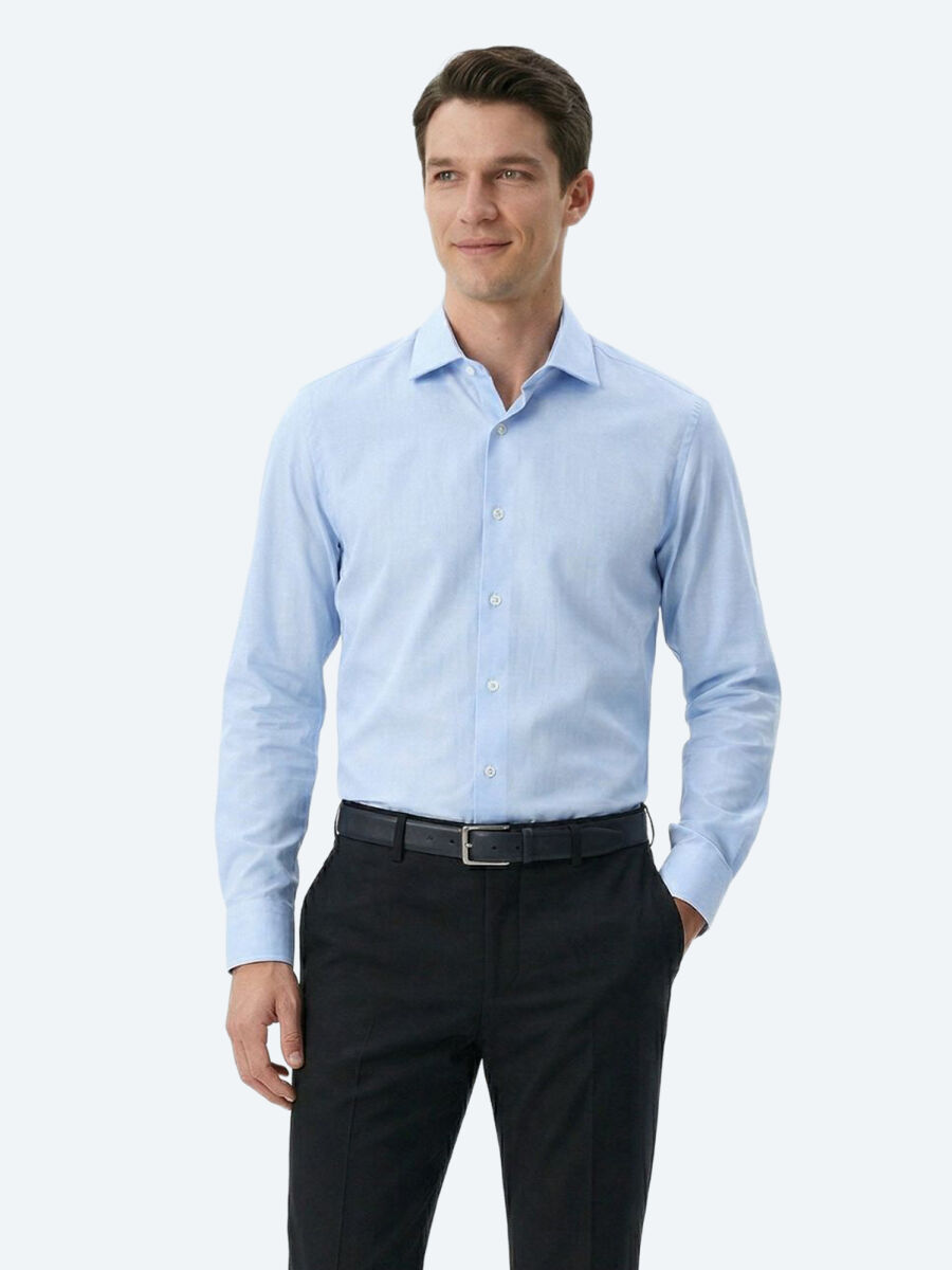 Light Blue Regular Fit Long Weaving Classical Cotton Blended Shirt - 1