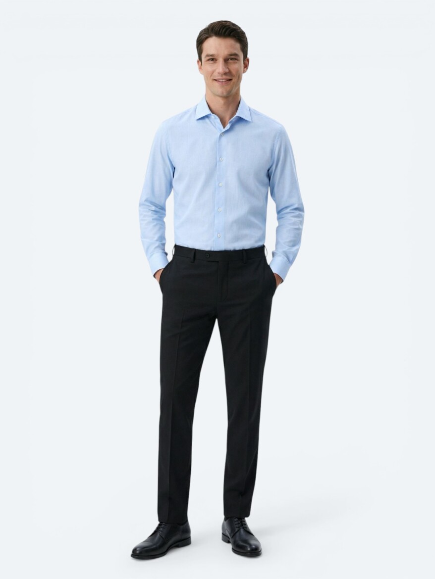 Light Blue Regular Fit Long Weaving Classical Cotton Blended Shirt - KİP