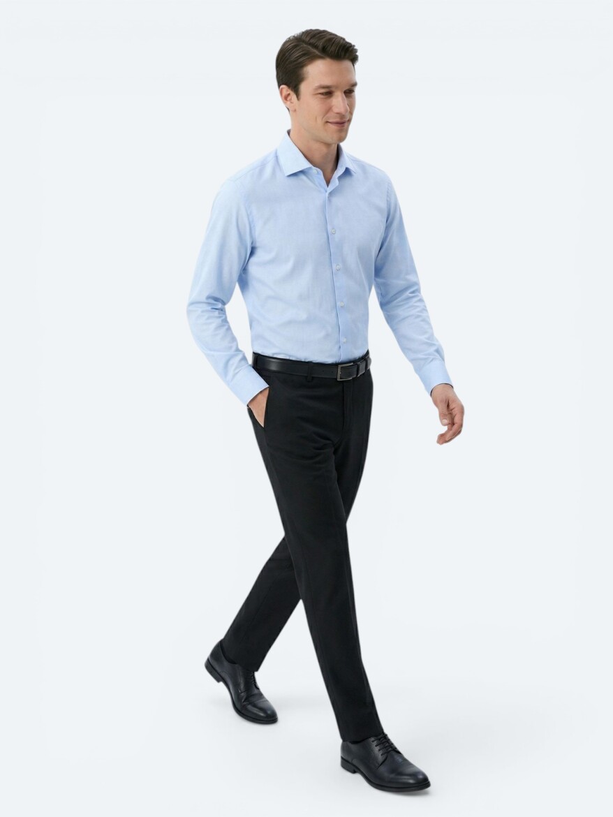 Light Blue Regular Fit Long Weaving Classical Cotton Blended Shirt - 3