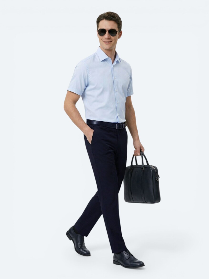 Light Blue Regular Fit Short Weaving Classical Cotton Blended Shirt - 2