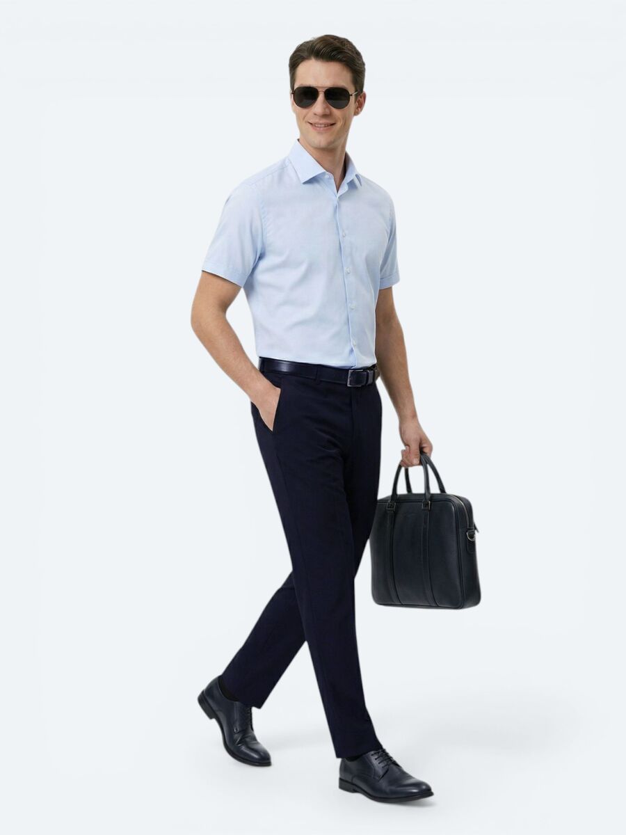 Light Blue Regular Fit Short Weaving Classical Cotton Blended Shirt - 2