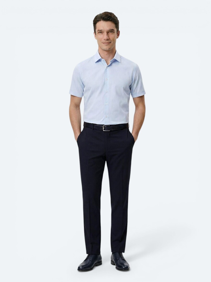 Light Blue Regular Fit Short Weaving Classical Cotton Blended Shirt - 3