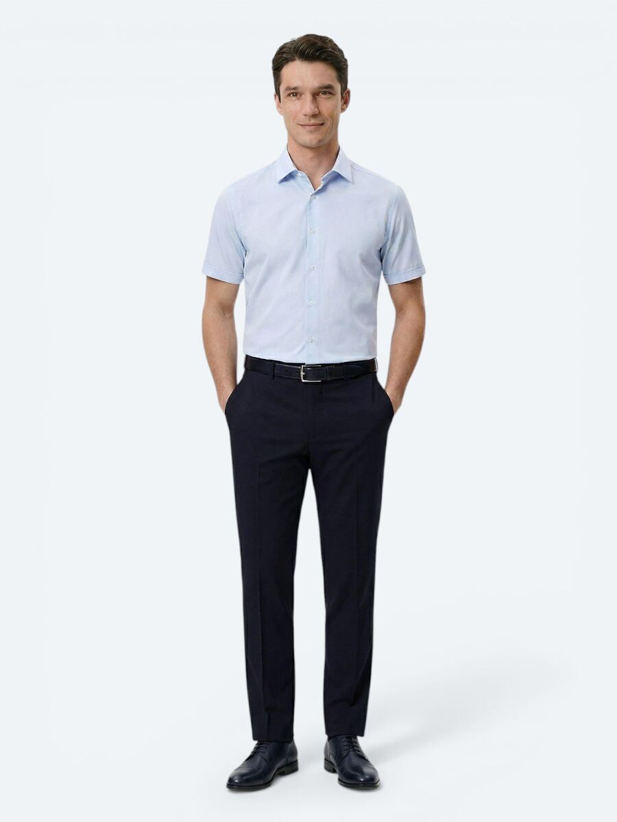 Light Blue Regular Fit Short Weaving Classical Cotton Blended Shirt - 3