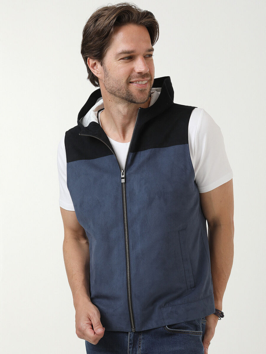 Light Blue Regular Fit Turtleneck Casual Weaving Puffer Vest - 1