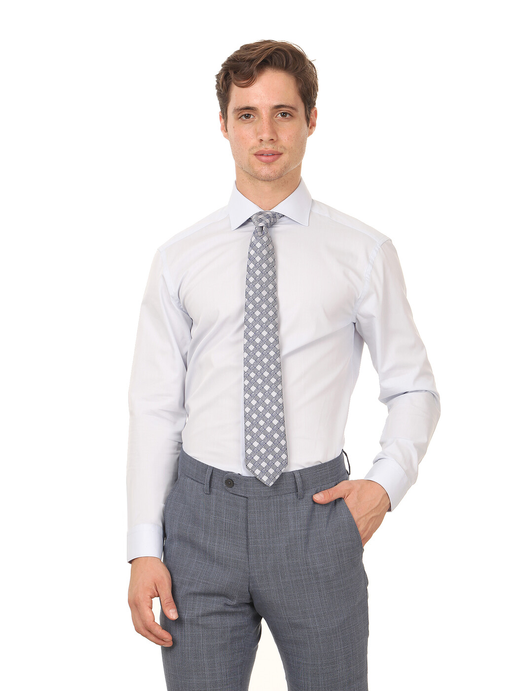 Light Blue Regular Fit Weaving Classical Cotton Blended Shirt - 1