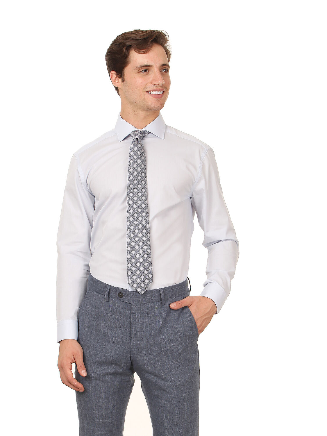 Light Blue Regular Fit Weaving Classical Cotton Blended Shirt - 3