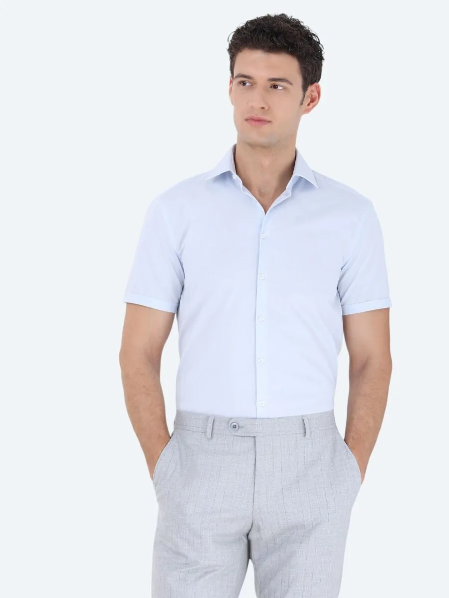 Light Blue Regular Fit Weaving Classical Cotton Blended Shirt - 1
