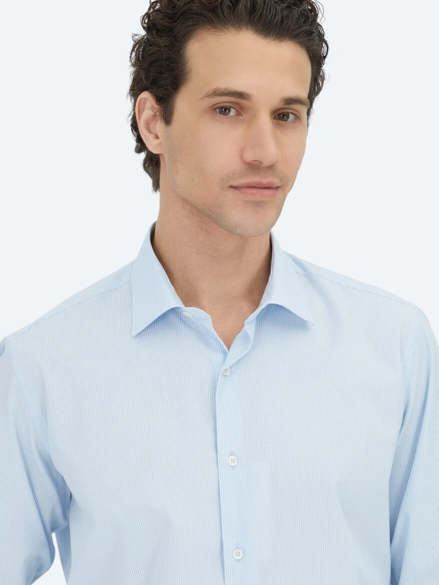 Light Blue Regular Fit Weaving Classical Cotton Blended Shirt - 5