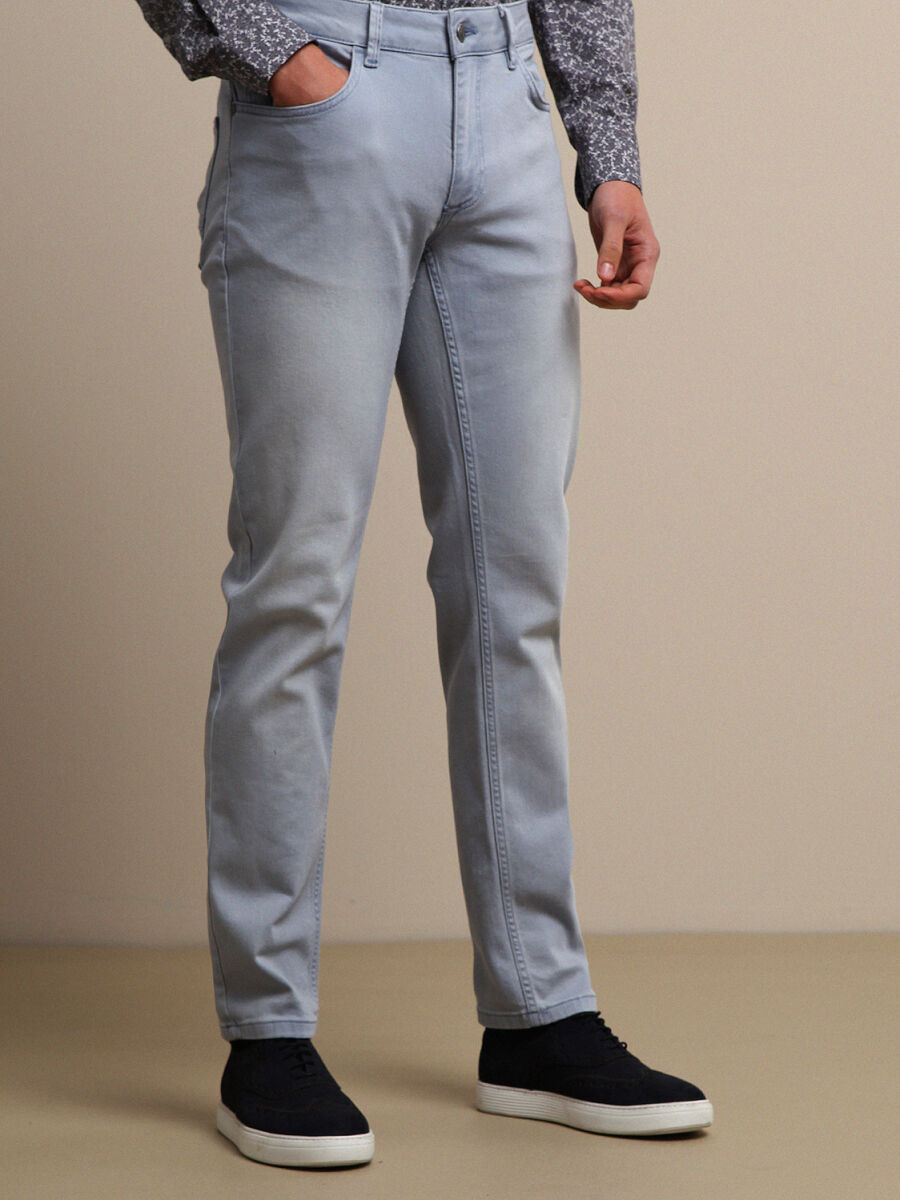 Light Blue Slim Fit Denim Cotton Blended Trousers - 3