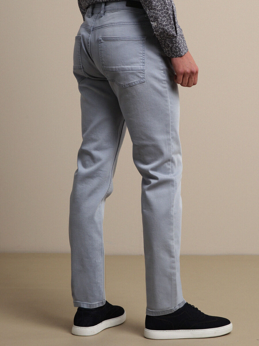 Light Blue Slim Fit Denim Cotton Blended Trousers - 4