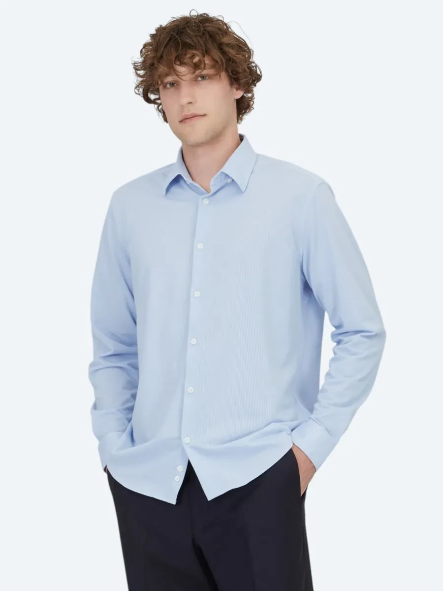 Light Blue Striped Regular Fit Knitting Casual Cotton Blended Shirt - 1