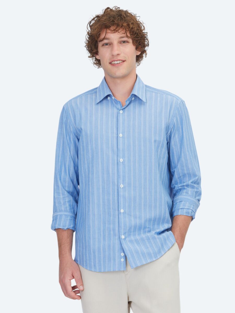 Light Blue Striped Regular Fit Long Weaving Casual 100% Cotton Shirt - 1