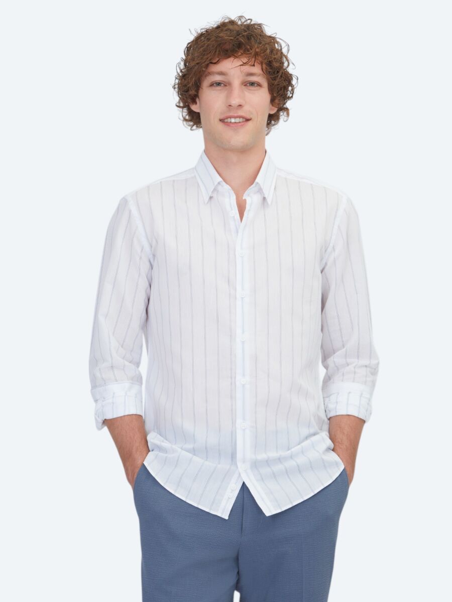 Light Blue Striped Regular Fit Long Weaving Casual Cotton Blended Shirt - 1