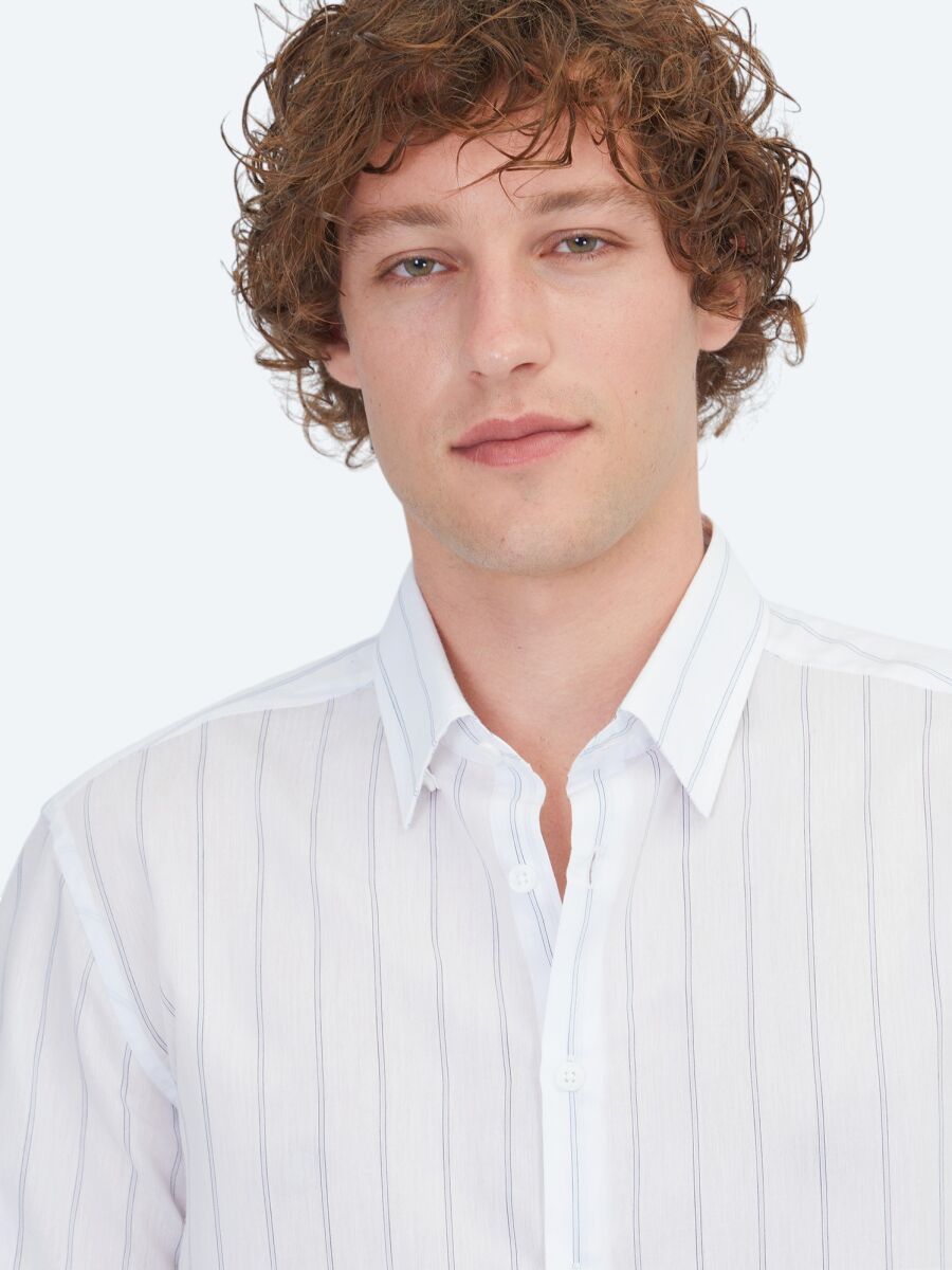 Light Blue Striped Regular Fit Long Weaving Casual Cotton Blended Shirt - 3