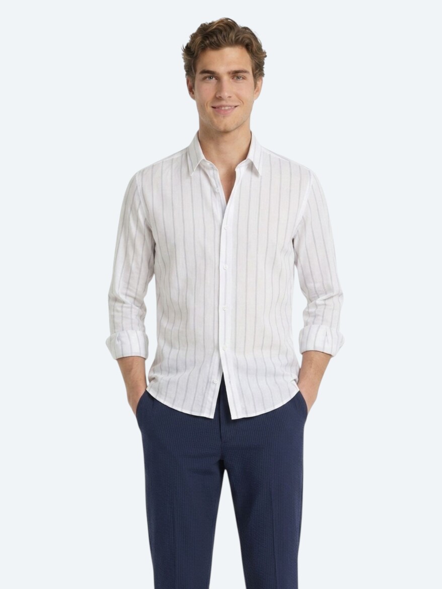 Light Blue Striped Regular Fit Long Weaving Casual Cotton Blended Shirt - KİP