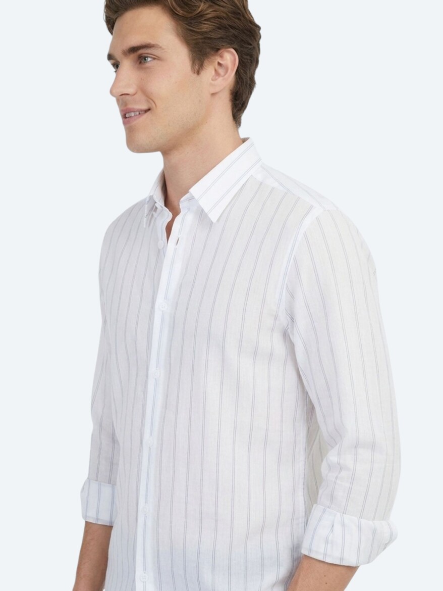 Light Blue Striped Regular Fit Long Weaving Casual Cotton Blended Shirt - KİP