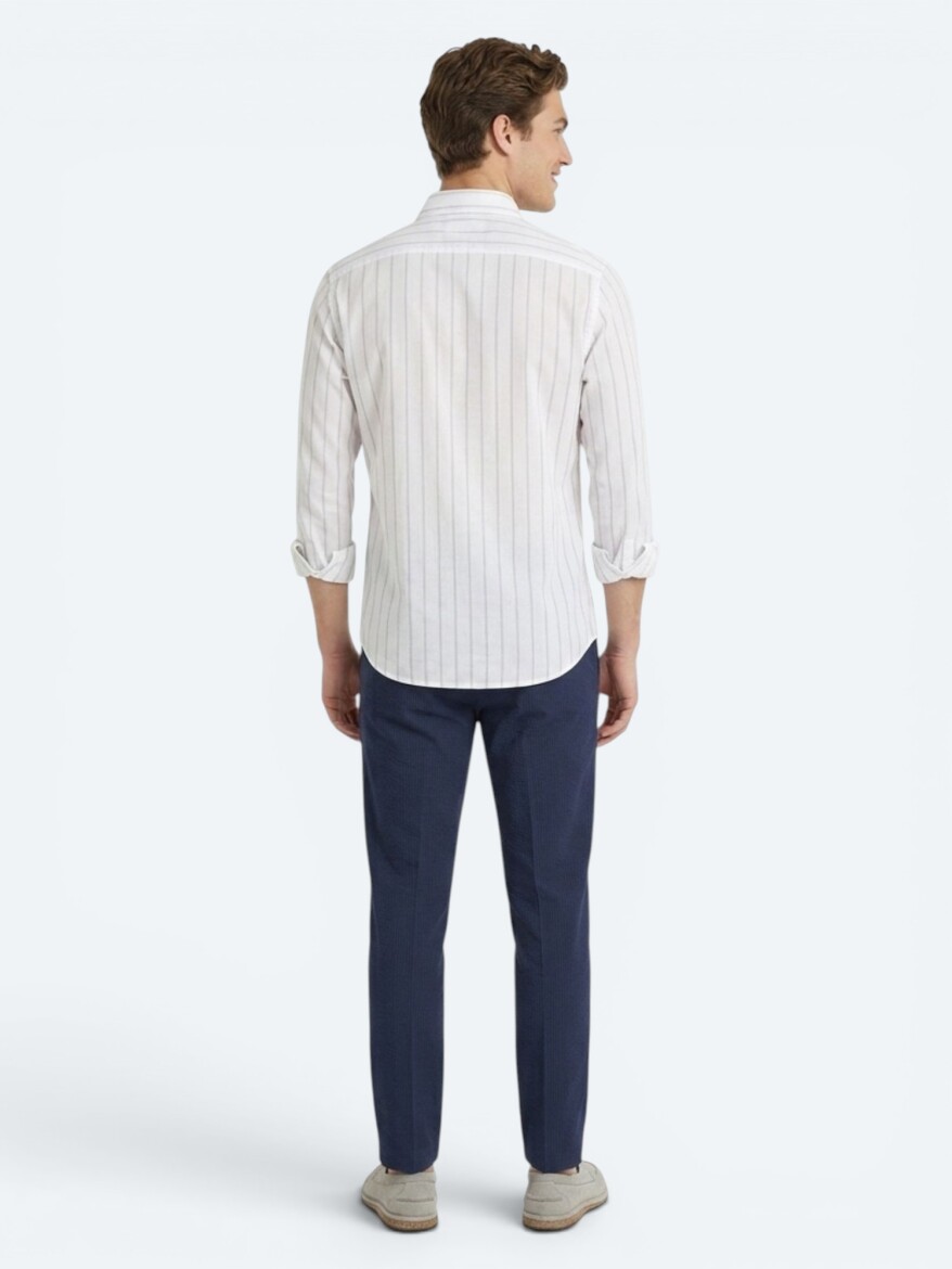 Light Blue Striped Regular Fit Long Weaving Casual Cotton Blended Shirt - 4