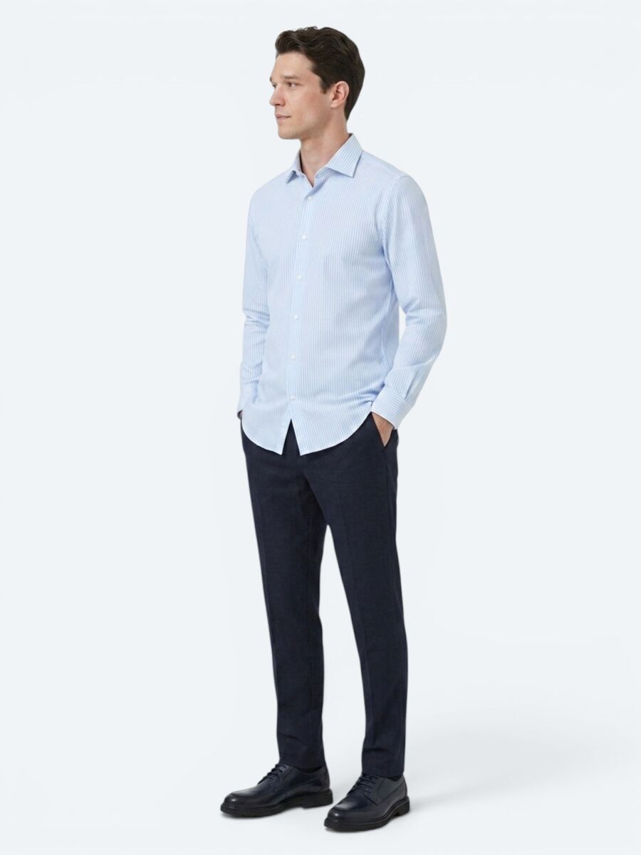 Light Blue Striped Regular Fit Long Weaving Casual Cotton Blended Shirt - 2
