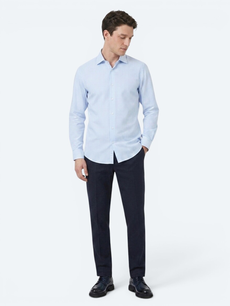 Light Blue Striped Regular Fit Long Weaving Casual Cotton Blended Shirt - 3