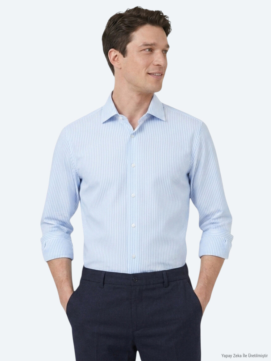 Light Blue Striped Regular Fit Long Weaving Casual Cotton Blended Shirt - 1