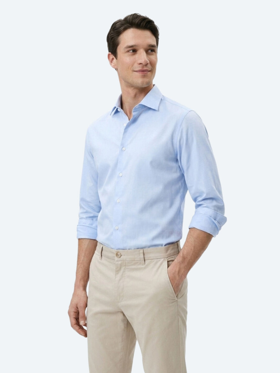 Light Blue Striped Regular Fit Long Weaving Casual Cotton Blended Shirt - 1