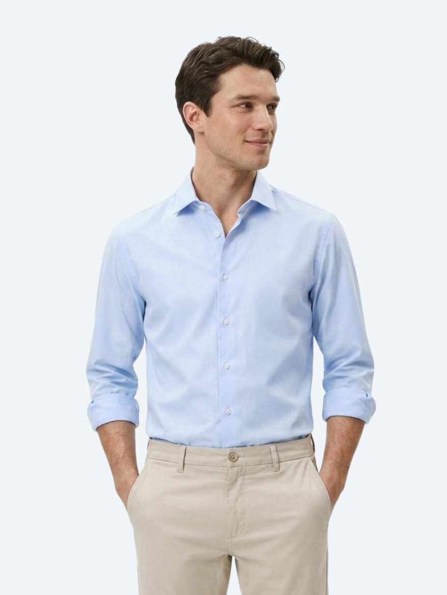 Light Blue Striped Regular Fit Long Weaving Casual Cotton Blended Shirt - 3