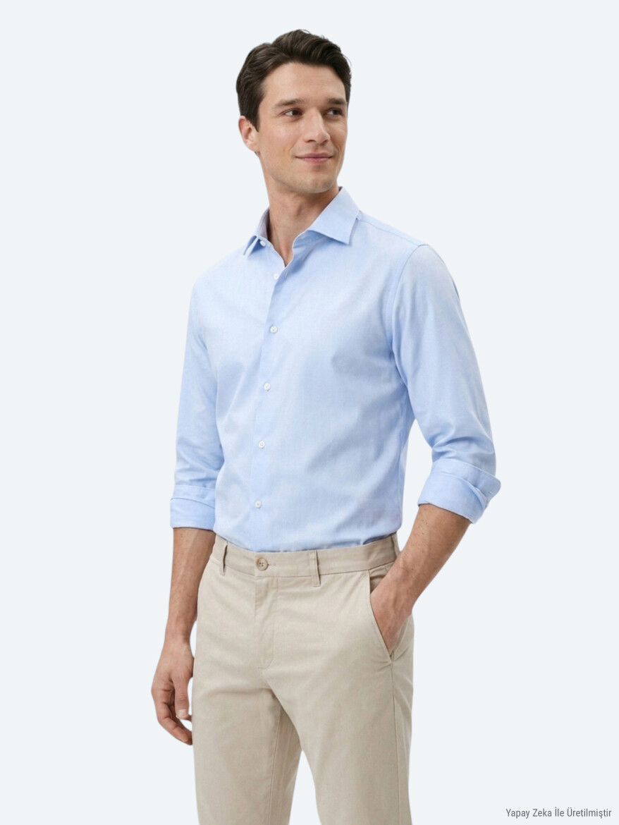 Light Blue Striped Regular Fit Long Weaving Casual Cotton Blended Shirt - KİP
