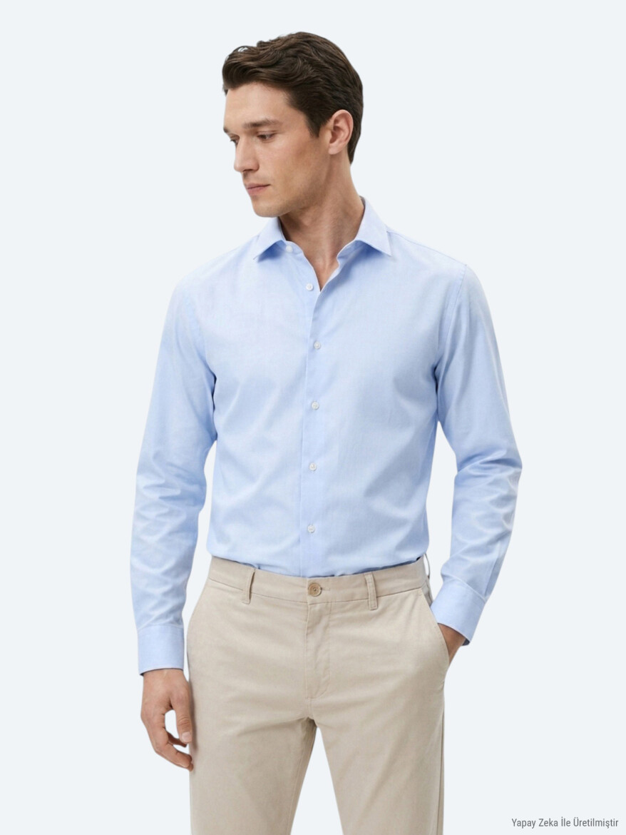 Light Blue Striped Regular Fit Long Weaving Casual Cotton Blended Shirt - KİP