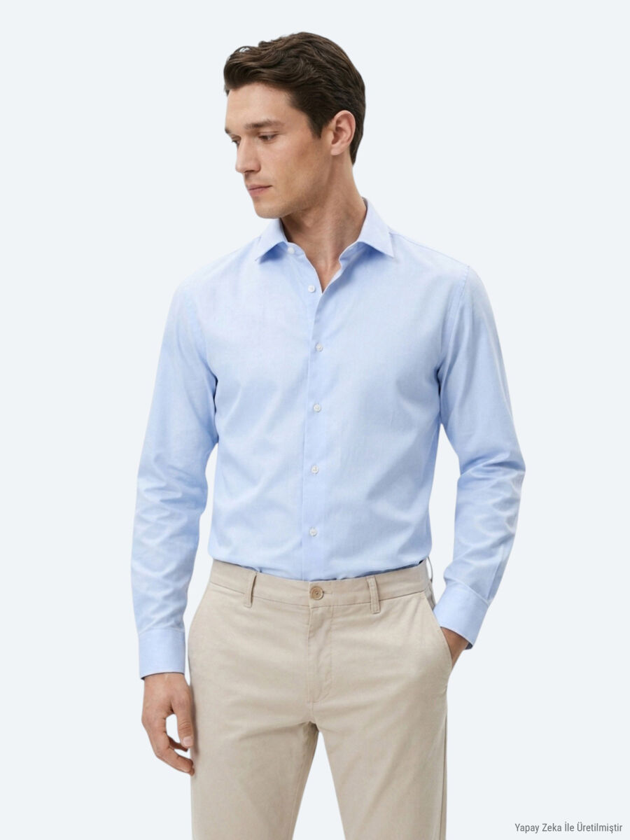 Light Blue Striped Regular Fit Long Weaving Casual Cotton Blended Shirt - 2