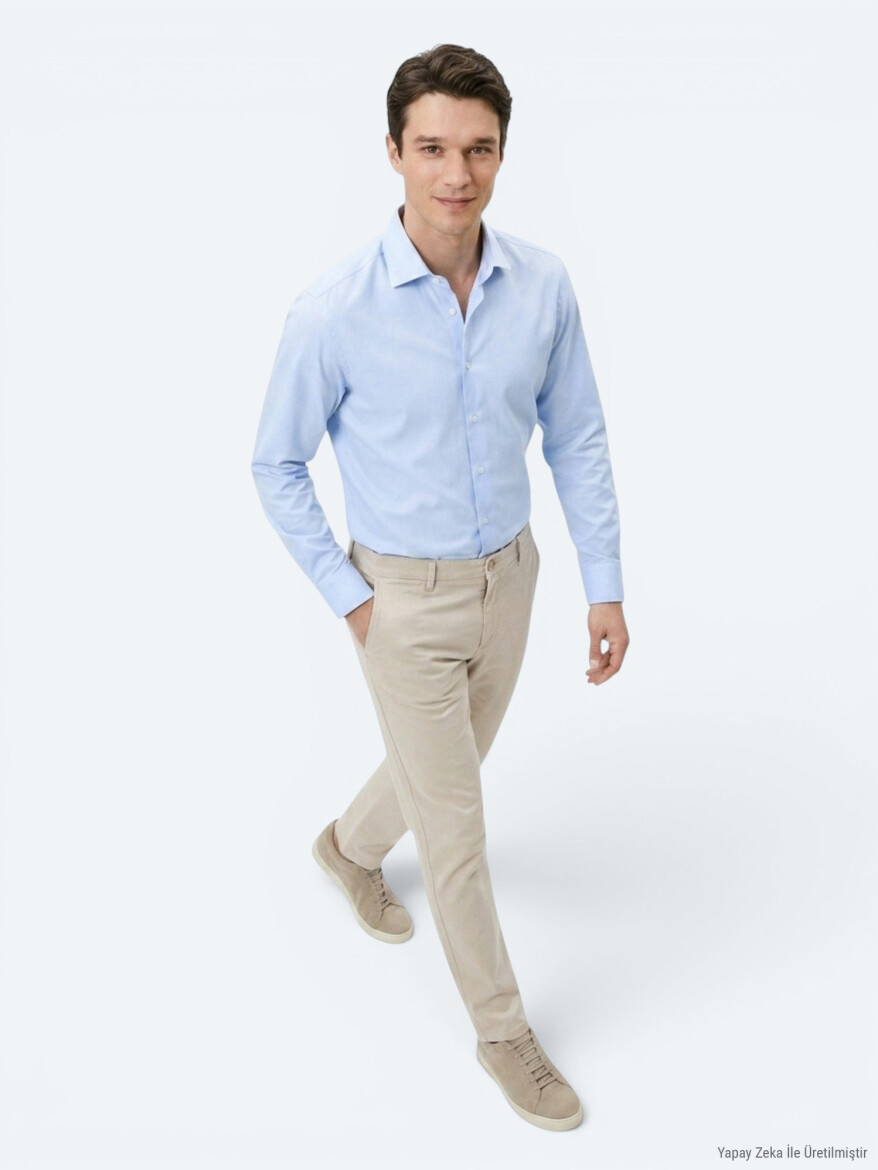 Light Blue Striped Regular Fit Long Weaving Casual Cotton Blended Shirt - 4