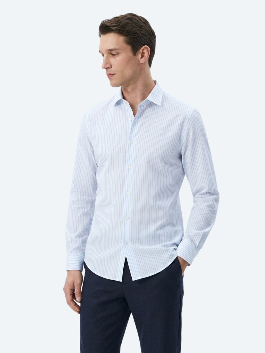 Light Blue Striped Regular Fit Long Weaving Casual Cotton Blended Shirt - 2