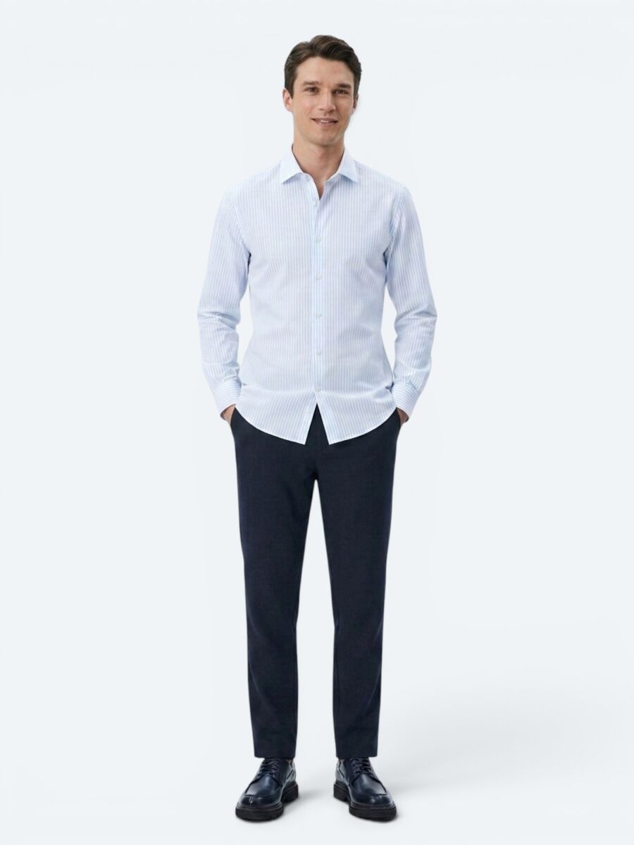 Light Blue Striped Regular Fit Long Weaving Casual Cotton Blended Shirt - 4