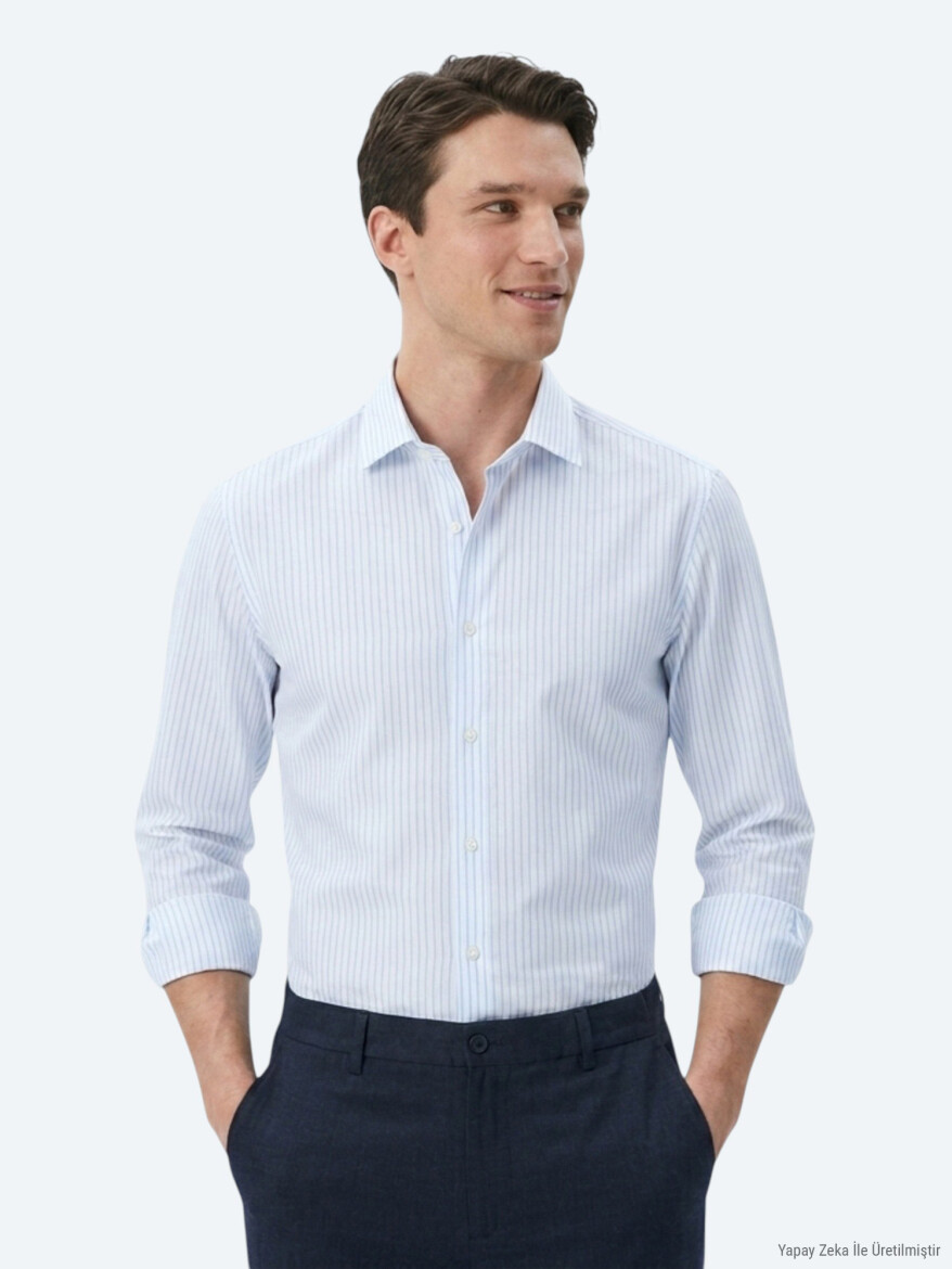 Light Blue Striped Regular Fit Long Weaving Casual Cotton Blended Shirt - KİP