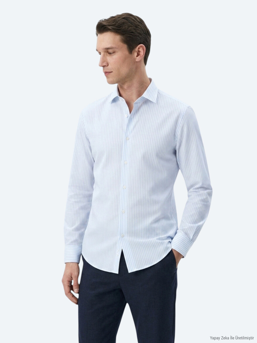 Light Blue Striped Regular Fit Long Weaving Casual Cotton Blended Shirt - KİP