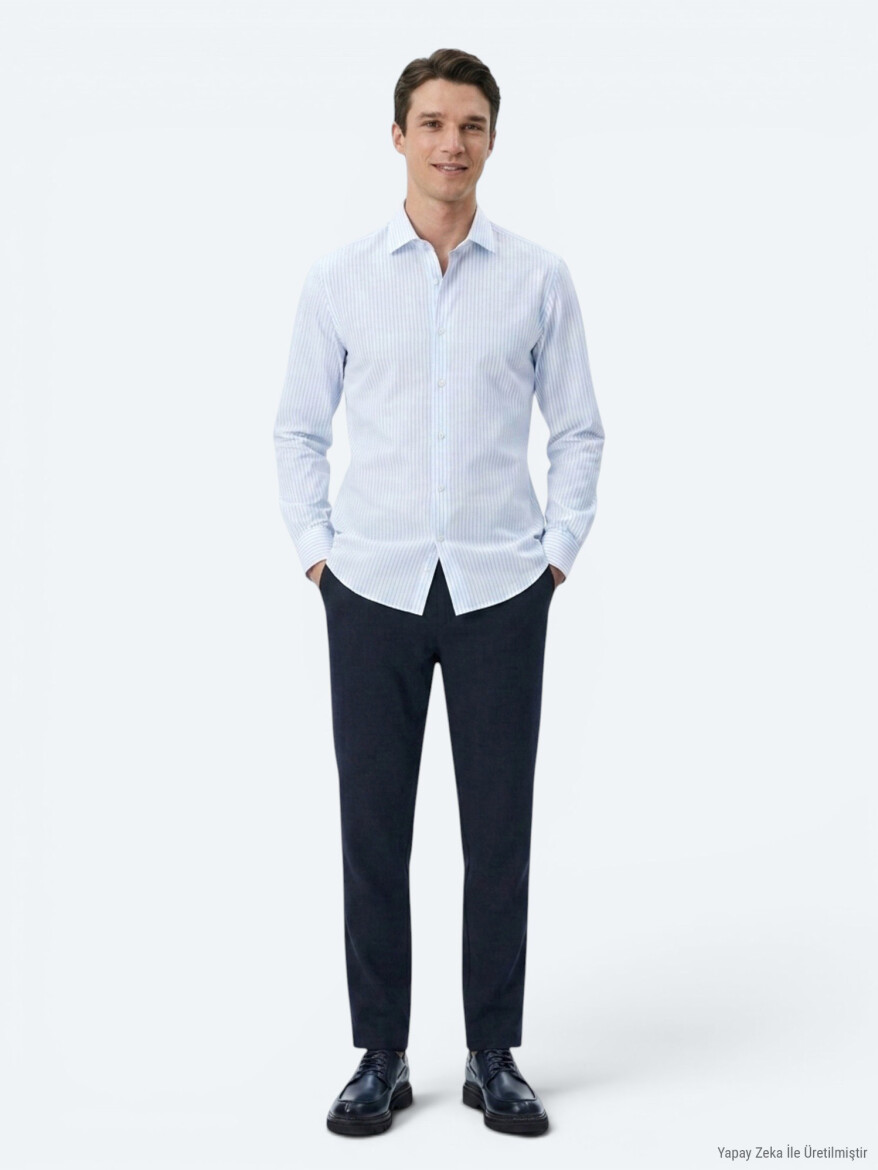 Light Blue Striped Regular Fit Long Weaving Casual Cotton Blended Shirt - 4