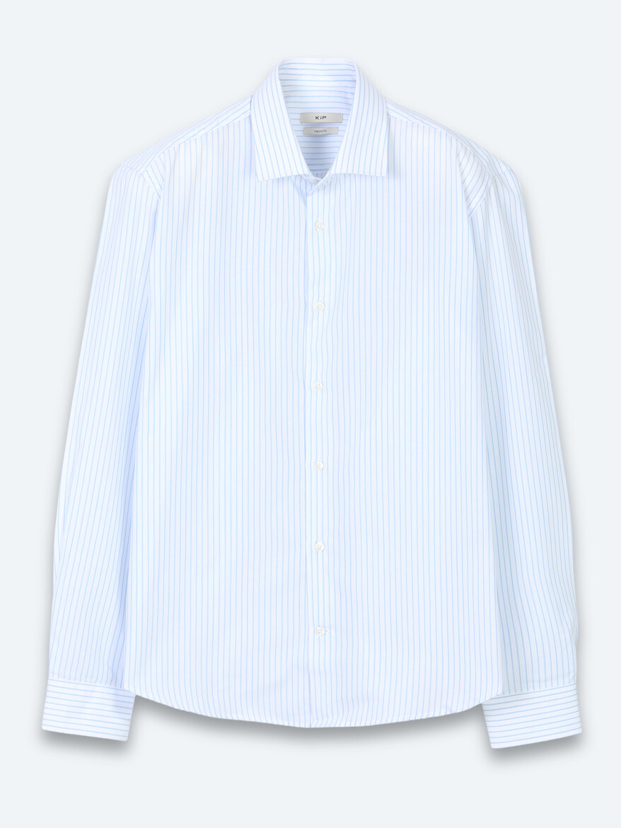 Light Blue Striped Regular Fit Long Weaving Casual Cotton Blended Shirt - 6