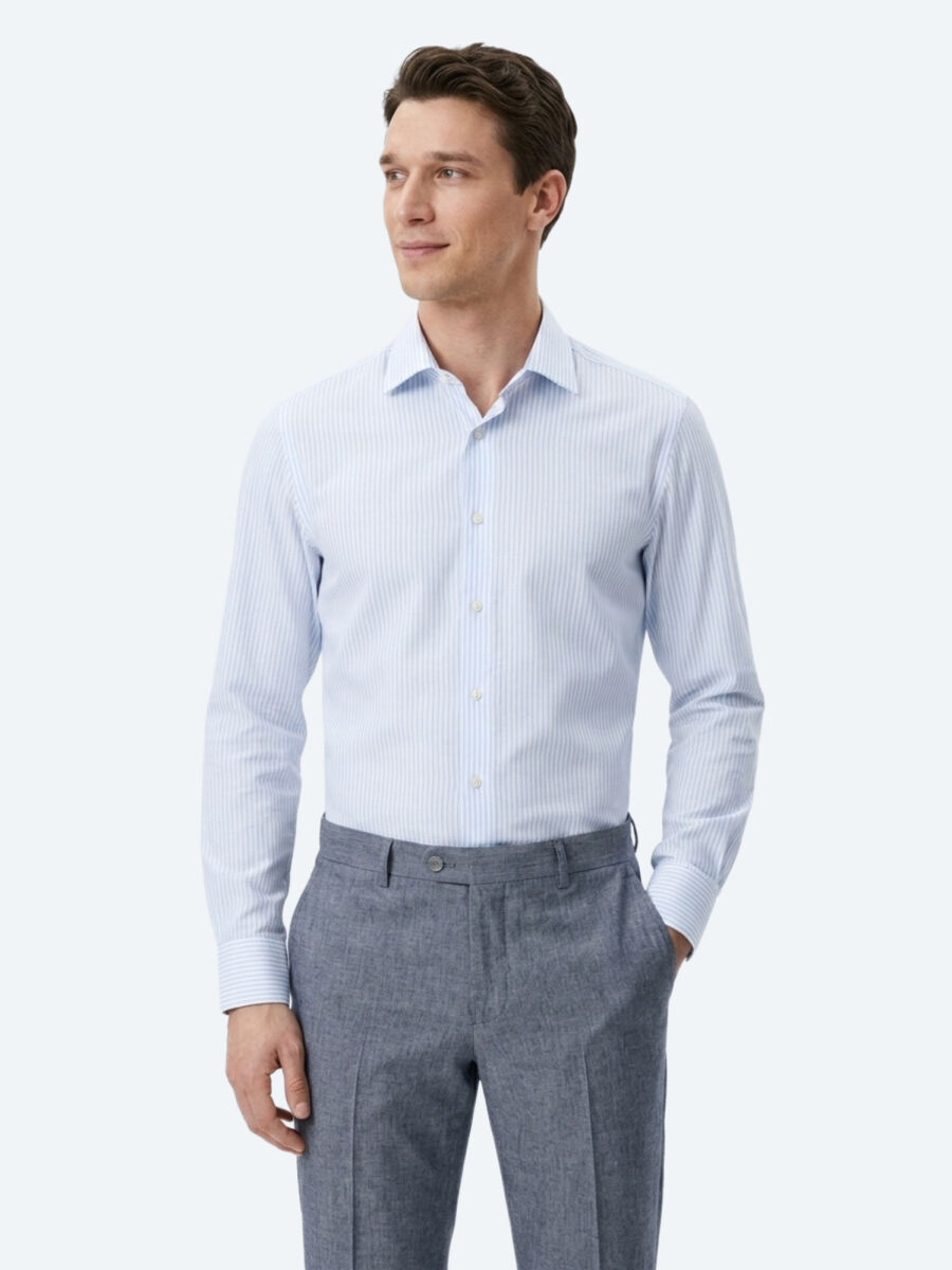 Light Blue Striped Regular Fit Long Weaving Casual Cotton Blended Shirt - 2