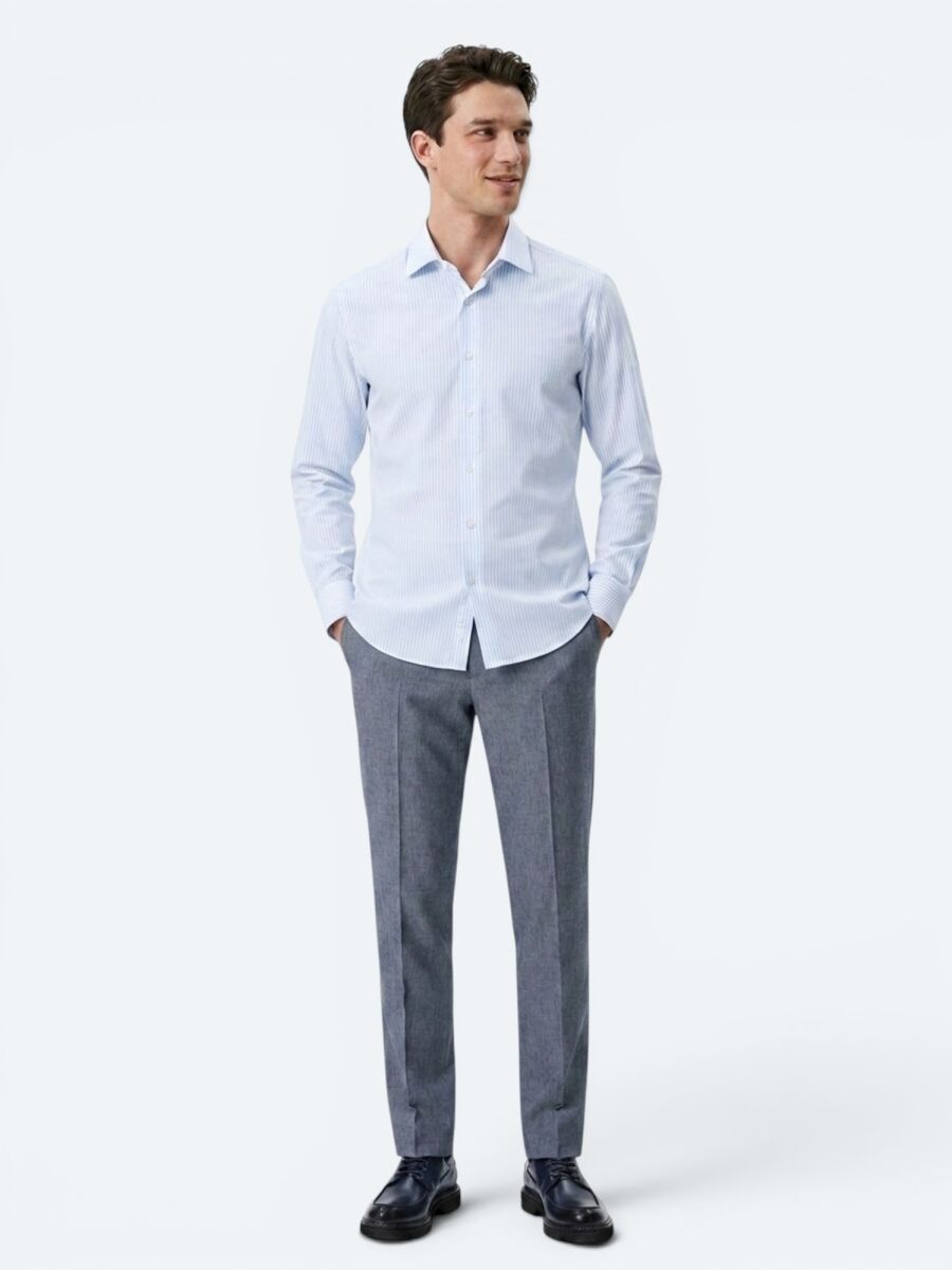Light Blue Striped Regular Fit Long Weaving Casual Cotton Blended Shirt - 4