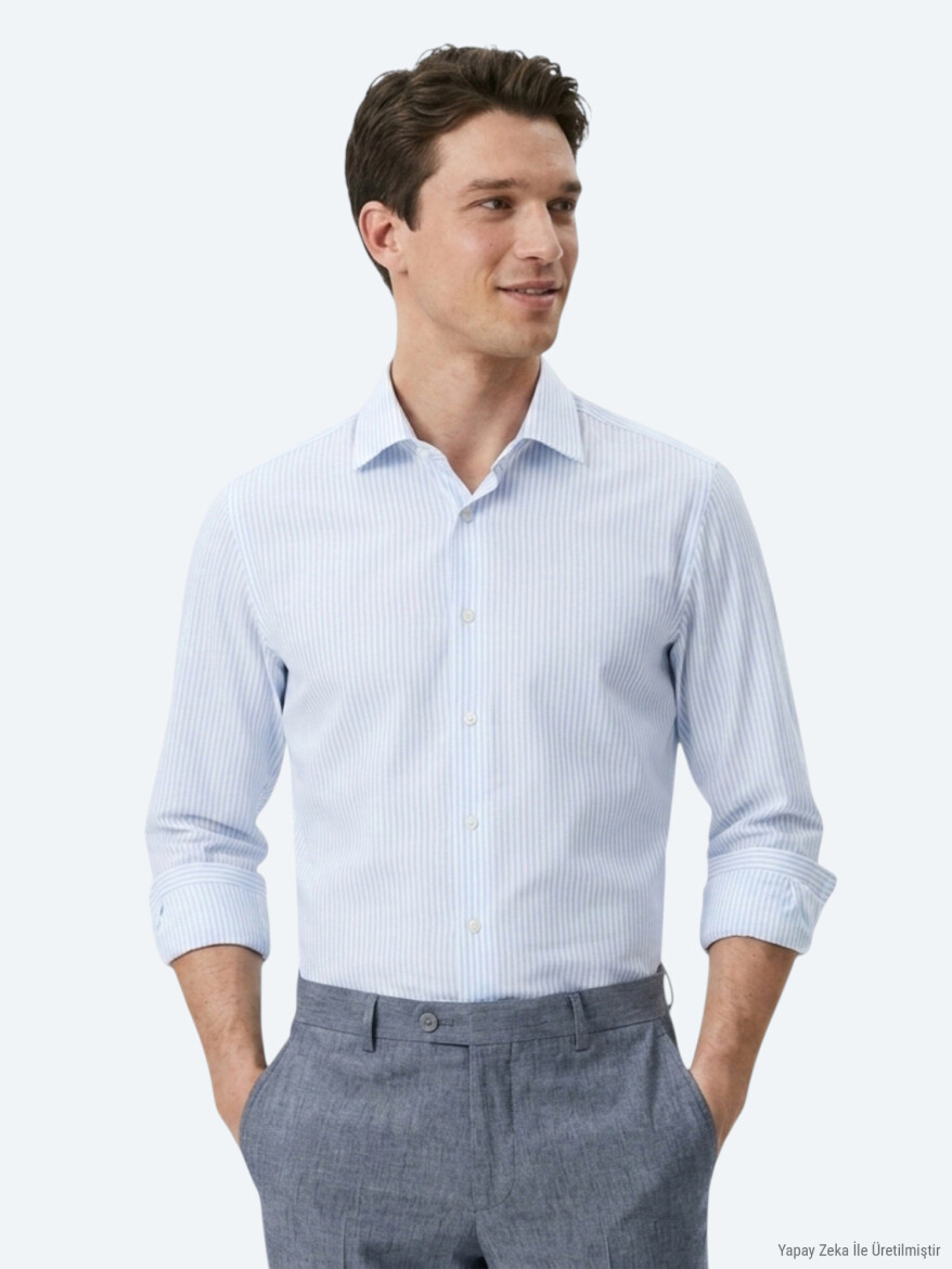 Light Blue Striped Regular Fit Long Weaving Casual Cotton Blended Shirt - KİP