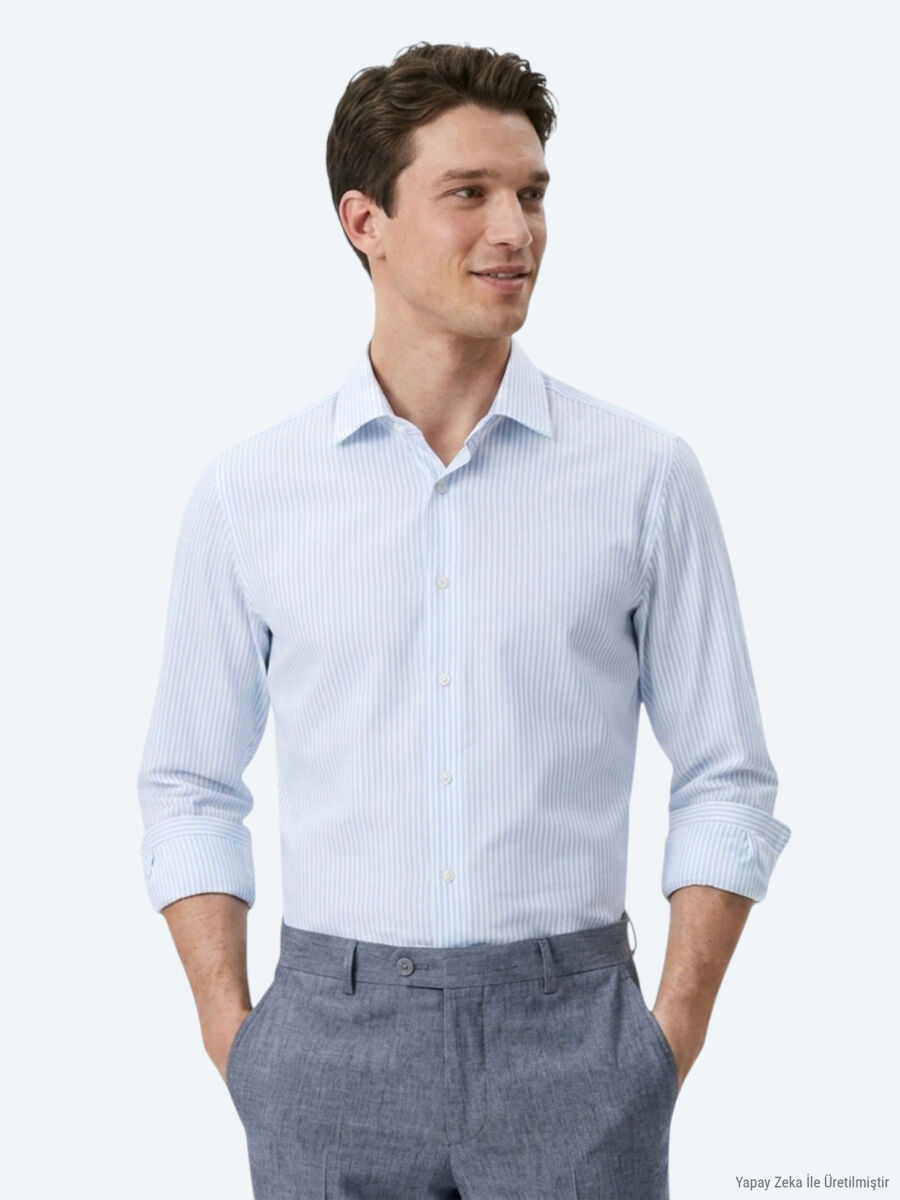 Light Blue Striped Regular Fit Long Weaving Casual Cotton Blended Shirt - 1