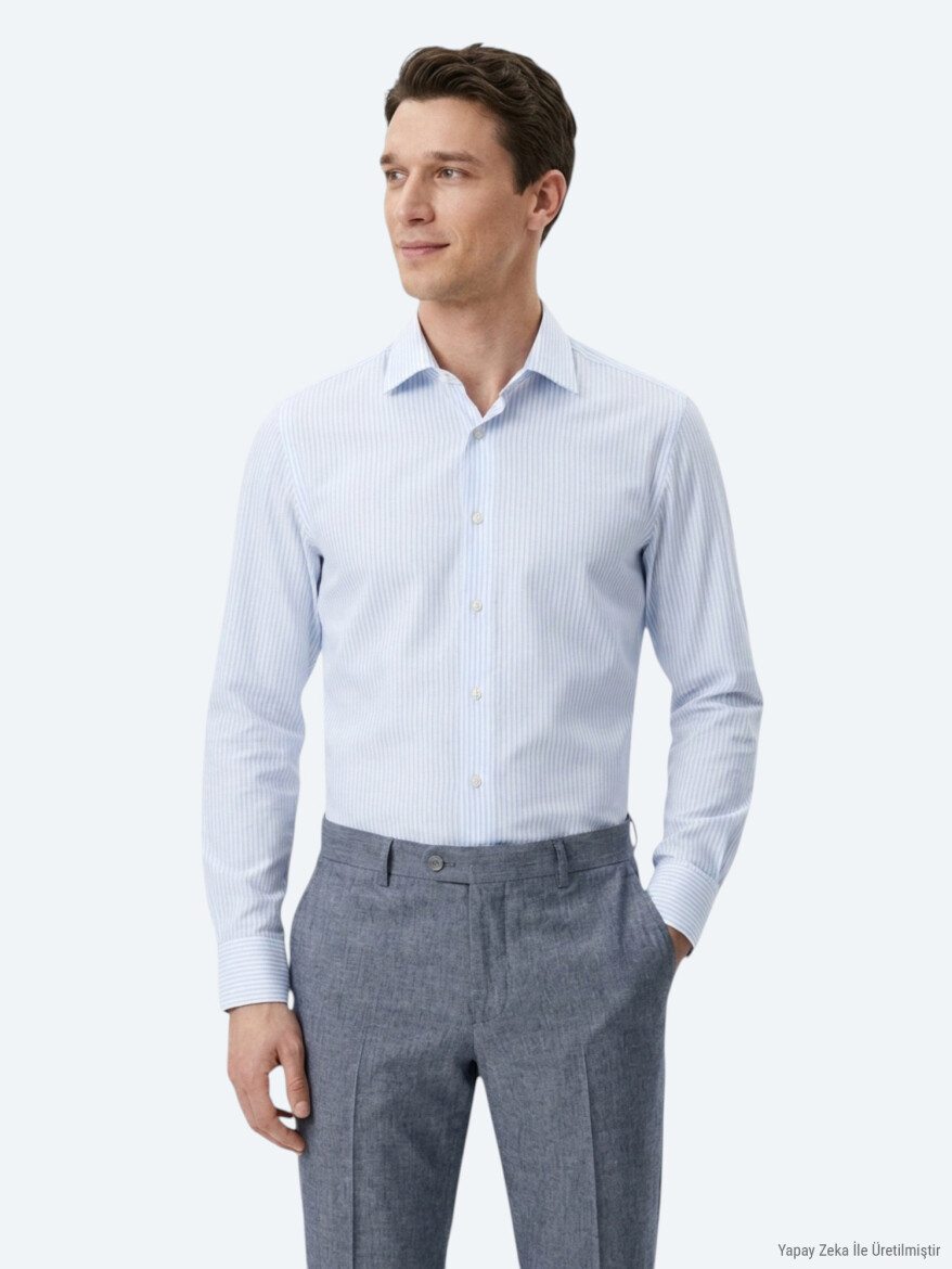 Light Blue Striped Regular Fit Long Weaving Casual Cotton Blended Shirt - KİP