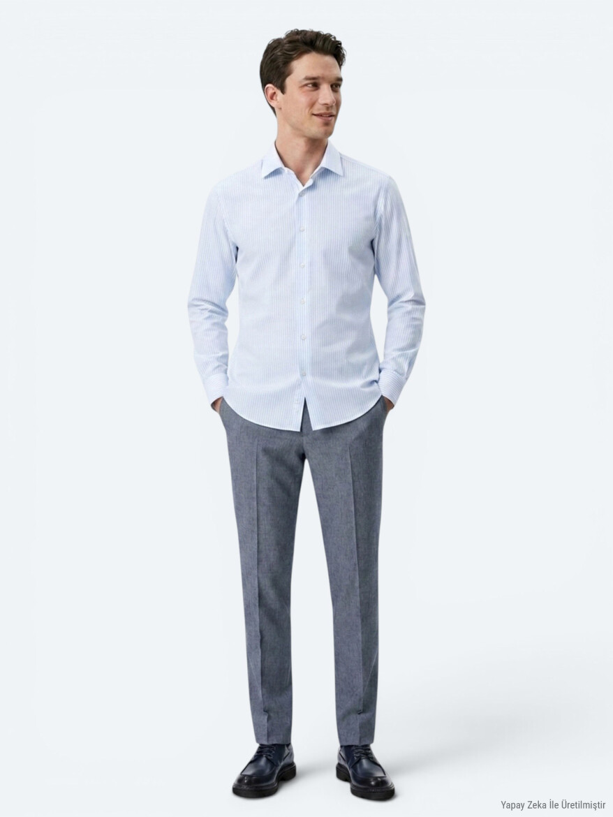 Light Blue Striped Regular Fit Long Weaving Casual Cotton Blended Shirt - 4