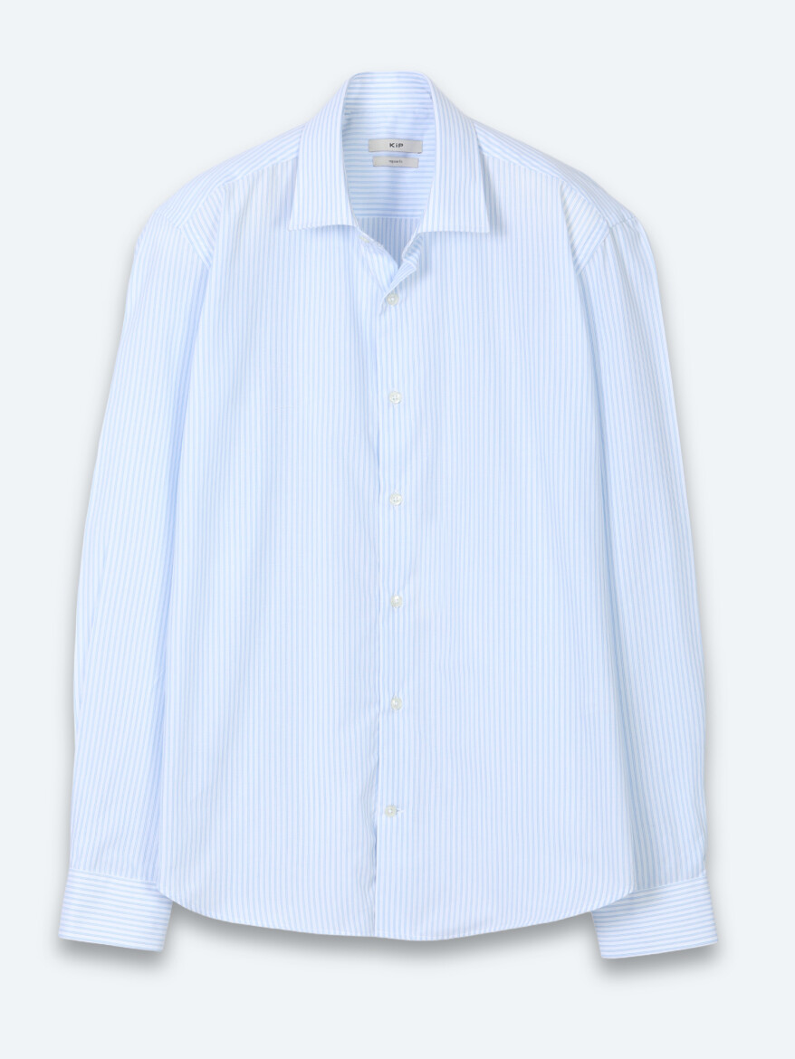 Light Blue Striped Regular Fit Long Weaving Casual Cotton Blended Shirt - 6