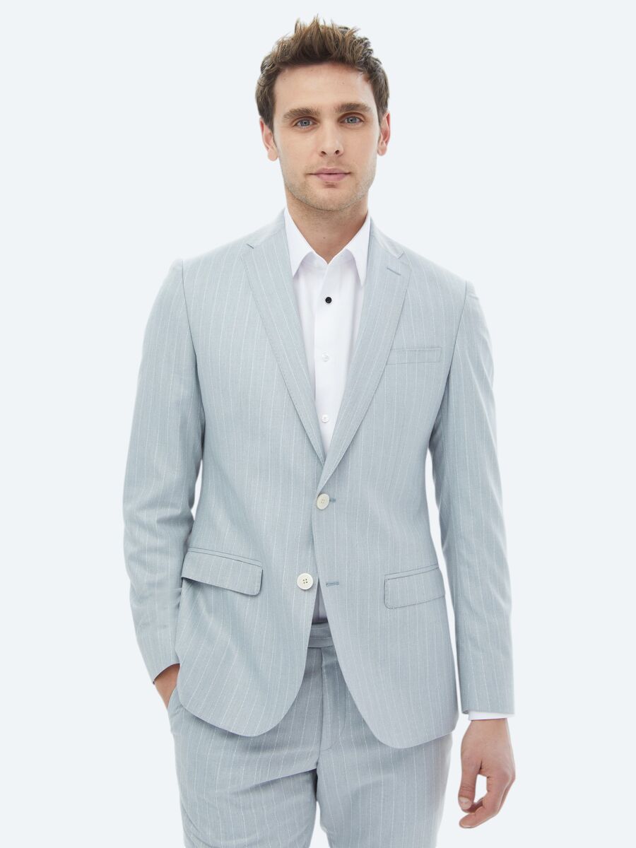 Light Blue Striped Slim Fit Suit - 1
