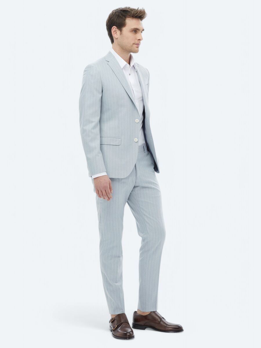 Light Blue Striped Slim Fit Suit - 6