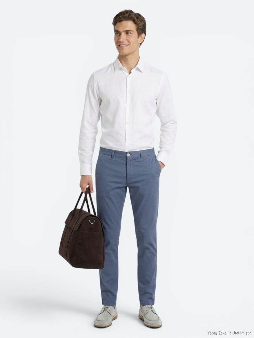 Light Blue Weaving Jogging Fit Casual Cotton Blended Trousers - 4